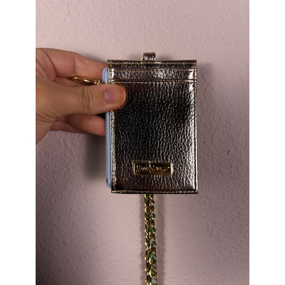 Lilly Pulitzer Metallic Gold Leather ID Case Lanyard Floral Card Holder Wallet